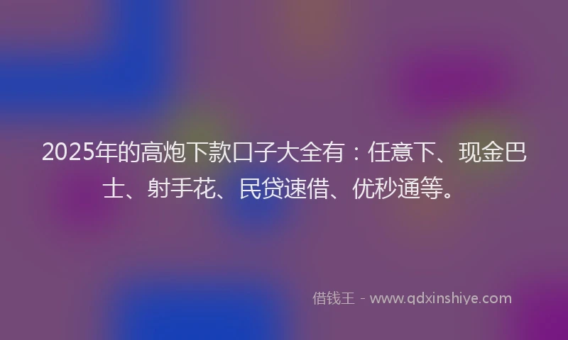 2025年的高炮下款口子大全有：任意下、现金巴士、射手花、民贷速借、优秒通等。
