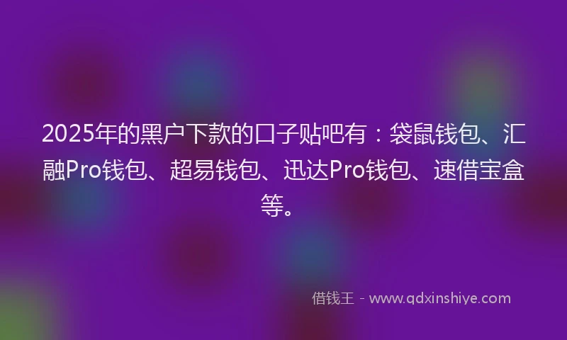 2025年的黑户下款的口子贴吧有：袋鼠钱包、汇融Pro钱包、超易钱包、迅达Pro钱包、速借宝盒等。