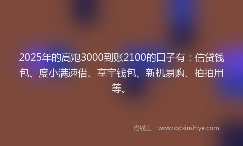 2025年的高炮3000到账2100的口子有：信贷钱包、度小满速借、享宇钱包、新机易购、拍拍用等。