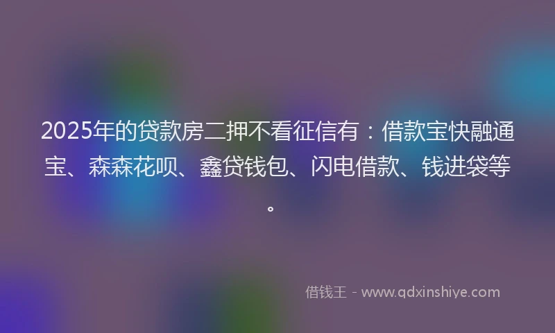 2025年的贷款房二押不看征信有：借款宝快融通宝、森森花呗、鑫贷钱包、闪电借款、钱进袋等。