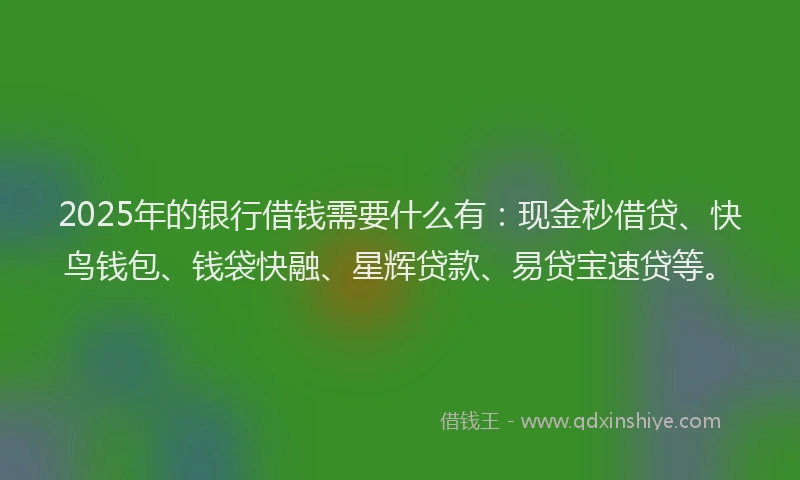 2025年的银行借钱需要什么有：现金秒借贷、快鸟钱包、钱袋快融、星辉贷款、易贷宝速贷等。