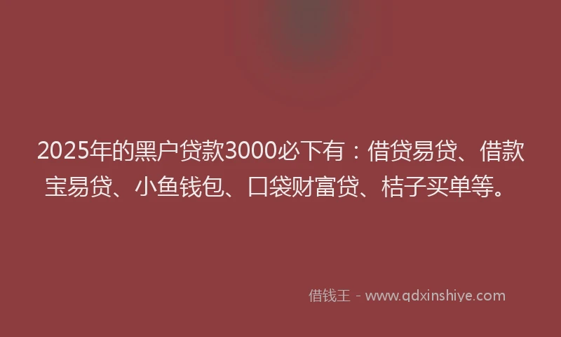 2025年的黑户贷款3000必下有：借贷易贷、借款宝易贷、小鱼钱包、口袋财富贷、桔子买单等。