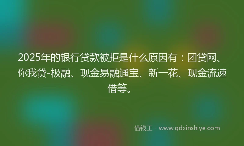 2025年的银行贷款被拒是什么原因有：团贷网、你我贷-极融、现金易融通宝、新一花、现金流速借等。
