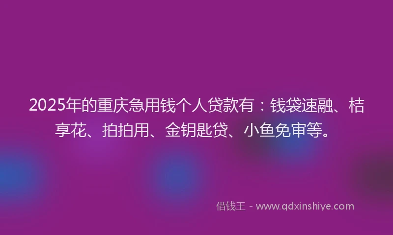2025年的重庆急用钱个人贷款有：钱袋速融、桔享花、拍拍用、金钥匙贷、小鱼免审等。