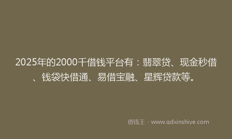 2025年的2000千借钱平台有：翡翠贷、现金秒借、钱袋快借通、易借宝融、星辉贷款等。