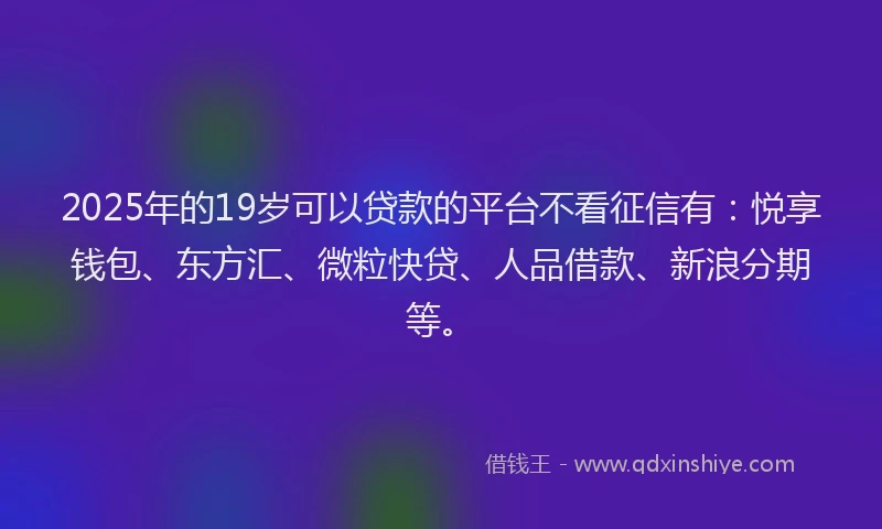 2025年的19岁可以贷款的平台不看征信有：悦享钱包、东方汇、微粒快贷、人品借款、新浪分期等。