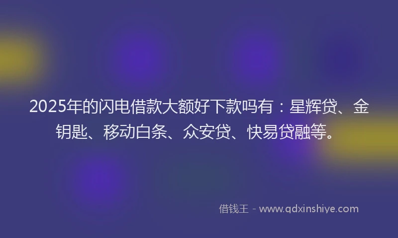 2025年的闪电借款大额好下款吗有：星辉贷、金钥匙、移动白条、众安贷、快易贷融等。