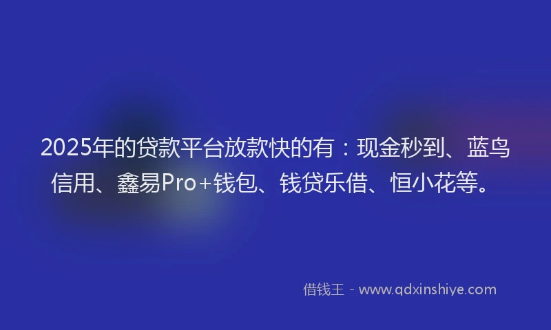 2025年的贷款平台放款快的有：现金秒到、蓝鸟信用、鑫易Pro+钱包、钱贷乐借、恒小花等。