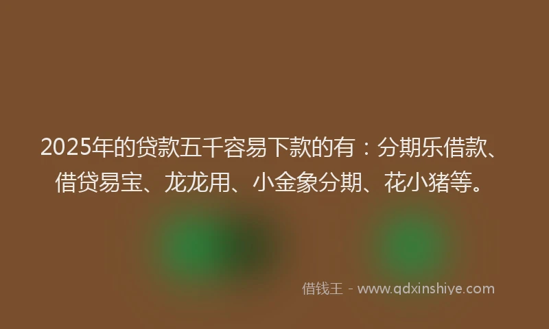 2025年的贷款五千容易下款的有：分期乐借款、借贷易宝、龙龙用、小金象分期、花小猪等。