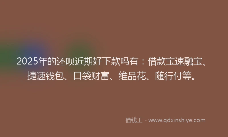 2025年的还呗近期好下款吗有：借款宝速融宝、捷速钱包、口袋财富、维品花、随行付等。