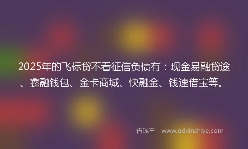 2025年的飞标贷不看征信负债有：现金易融贷途、鑫融钱包、金卡商城、快融金、钱速借宝等。