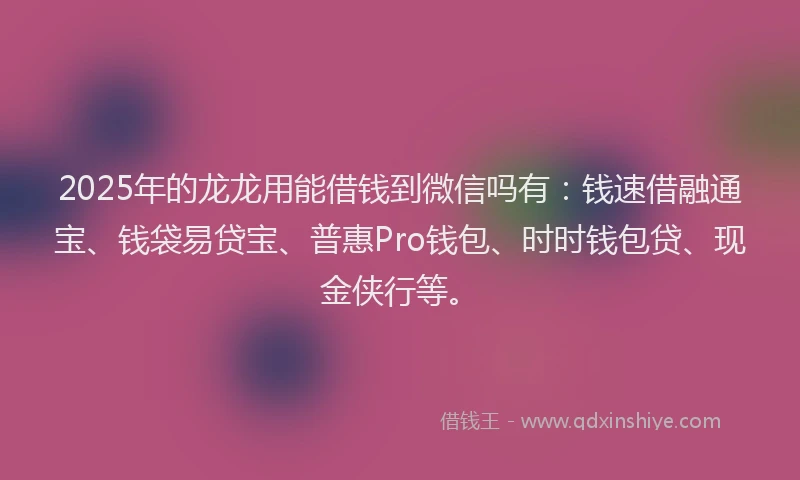 2025年的龙龙用能借钱到微信吗有：钱速借融通宝、钱袋易贷宝、普惠Pro钱包、时时钱包贷、现金侠行等。
