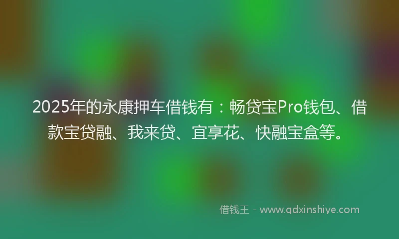 2025年的永康押车借钱有：畅贷宝Pro钱包、借款宝贷融、我来贷、宜享花、快融宝盒等。
