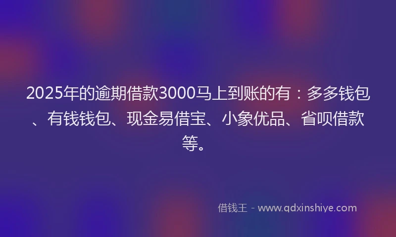 2025年的逾期借款3000马上到账的有：多多钱包、有钱钱包、现金易借宝、小象优品、省呗借款等。