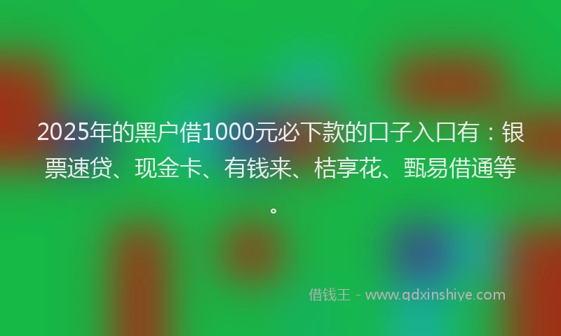 2025年的黑户借1000元必下款的口子入口有：银票速贷、现金卡、有钱来、桔享花、甄易借通等。