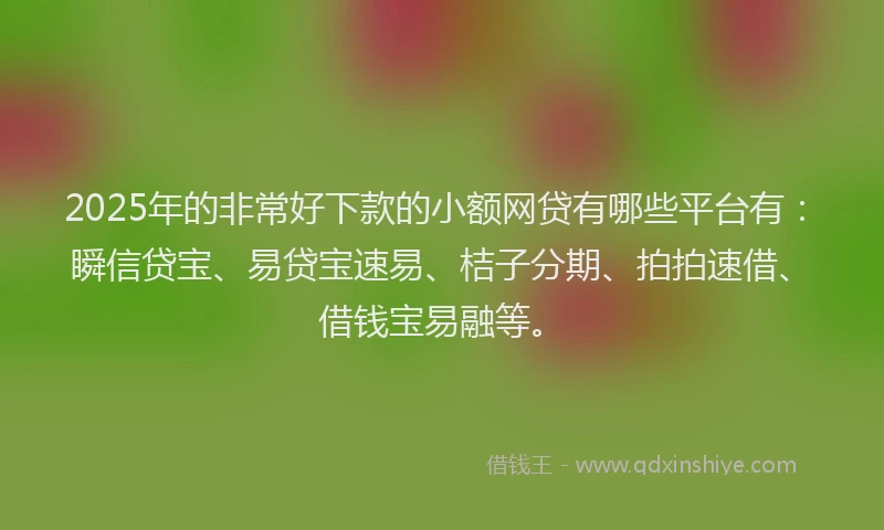 2025年的非常好下款的小额网贷有哪些平台有：瞬信贷宝、易贷宝速易、桔子分期、拍拍速借、借钱宝易融等。