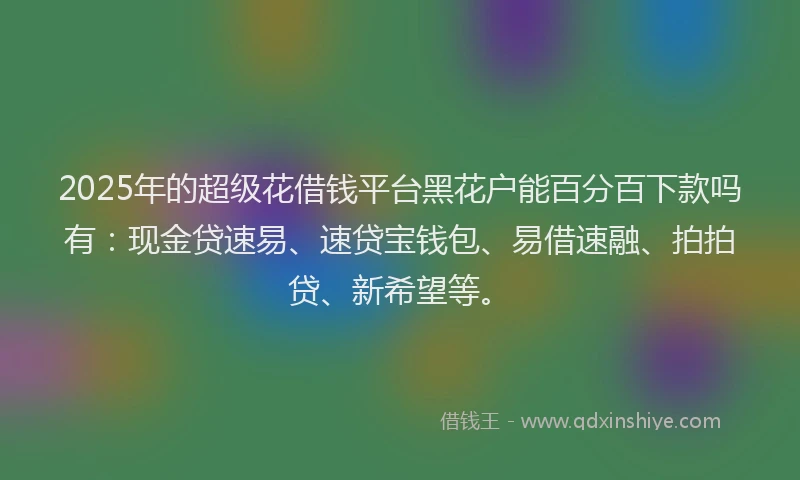 2025年的超级花借钱平台黑花户能百分百下款吗有：现金贷速易、速贷宝钱包、易借速融、拍拍贷、新希望等。