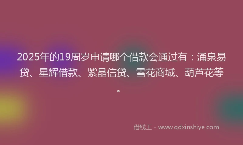 2025年的19周岁申请哪个借款会通过有：涌泉易贷、星辉借款、紫晶信贷、雪花商城、葫芦花等。