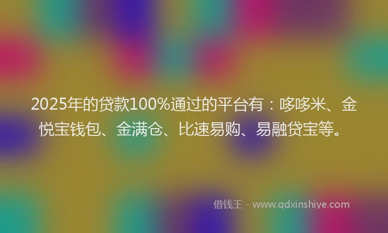 2025年的贷款100%通过的平台有：哆哆米、金悦宝钱包、金满仓、比速易购、易融贷宝等。