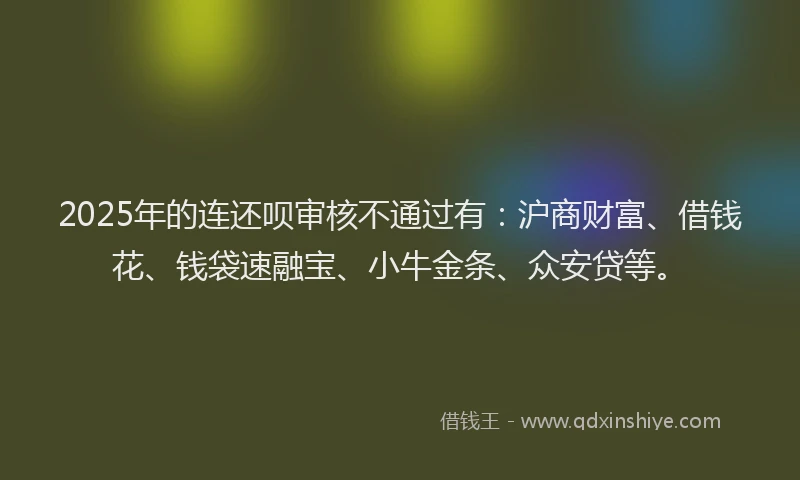 2025年的连还呗审核不通过有：沪商财富、借钱花、钱袋速融宝、小牛金条、众安贷等。