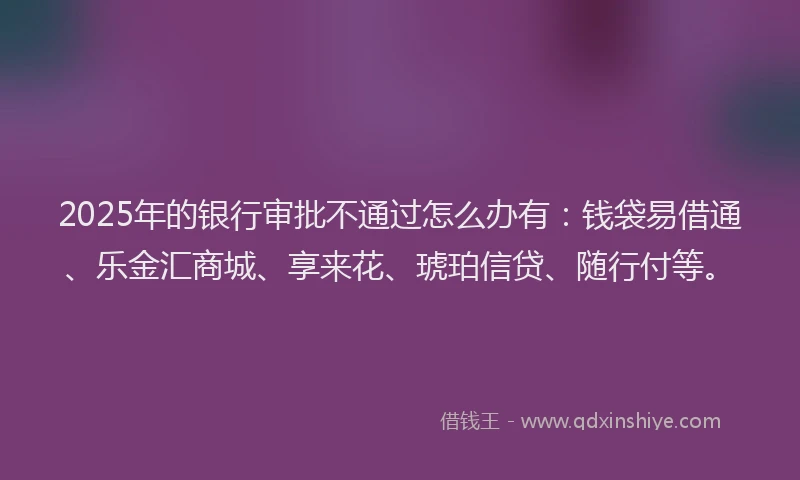2025年的银行审批不通过怎么办有：钱袋易借通、乐金汇商城、享来花、琥珀信贷、随行付等。
