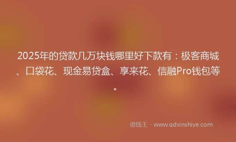 2025年的贷款几万块钱哪里好下款有：极客商城、口袋花、现金易贷盒、享来花、信融Pro钱包等。
