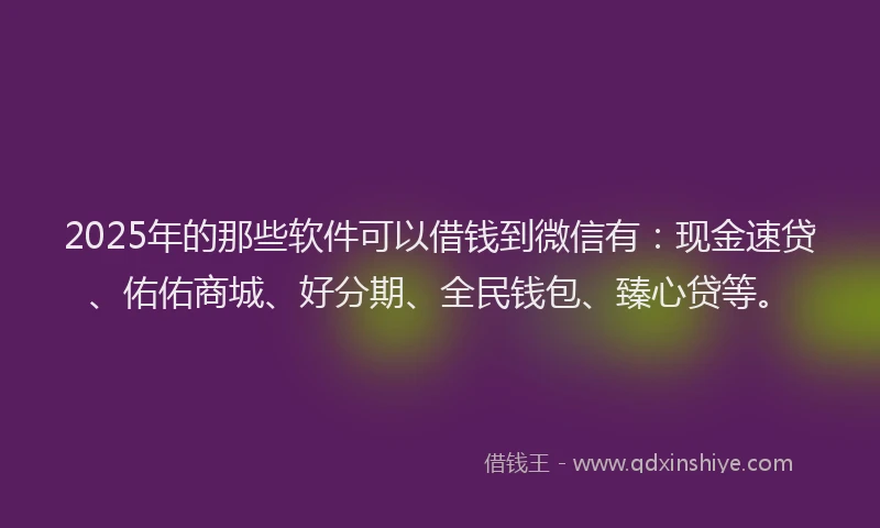 2025年的那些软件可以借钱到微信有：现金速贷、佑佑商城、好分期、全民钱包、臻心贷等。