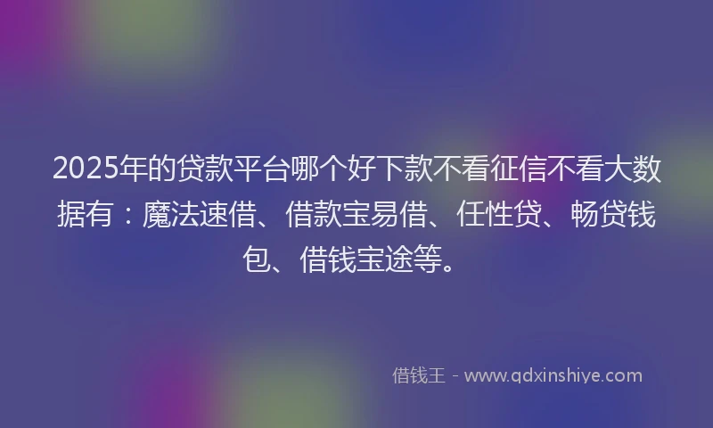 2025年的贷款平台哪个好下款不看征信不看大数据有：魔法速借、借款宝易借、任性贷、畅贷钱包、借钱宝途等。