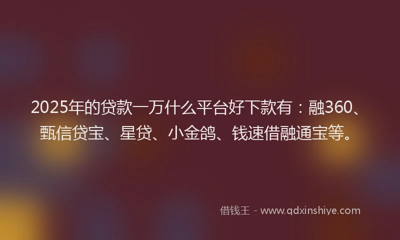 2025年的贷款一万什么平台好下款有：融360、甄信贷宝、星贷、小金鸽、钱速借融通宝等。