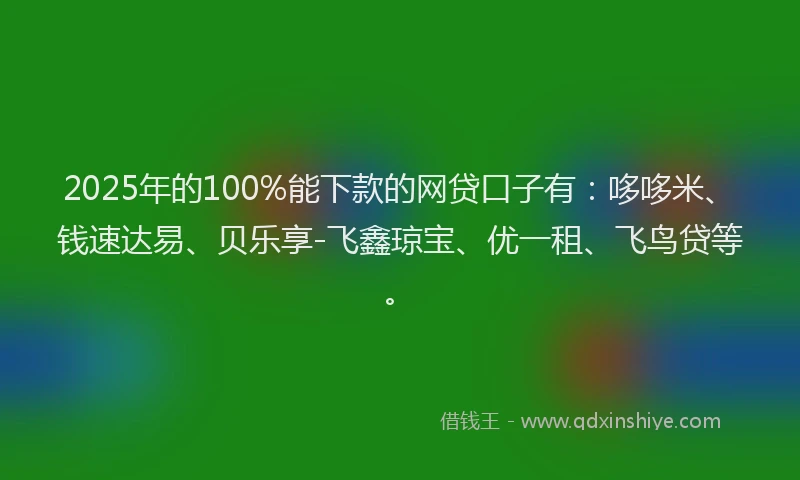 2025年的100%能下款的网贷口子有：哆哆米、钱速达易、贝乐享-飞鑫琼宝、优一租、飞鸟贷等。