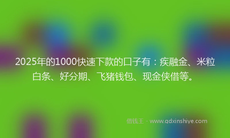 2025年的1000快速下款的口子有：疾融金、米粒白条、好分期、飞猪钱包、现金侠借等。