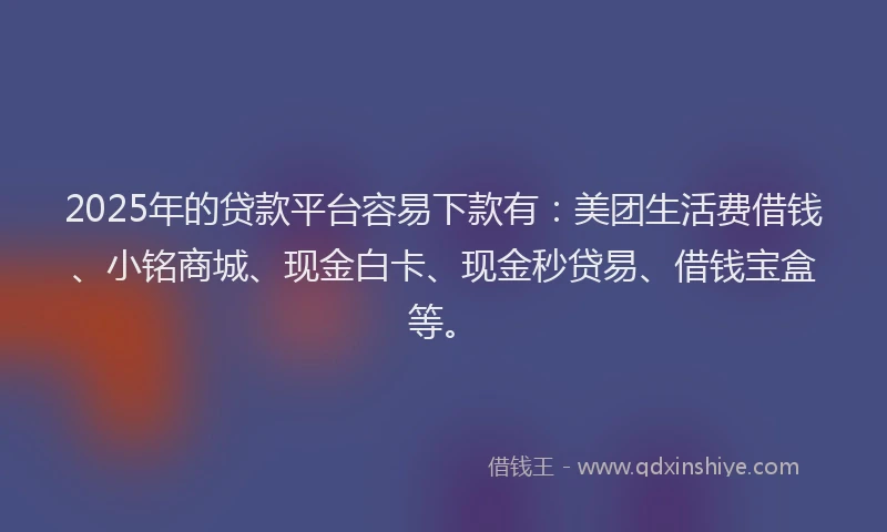 2025年的贷款平台容易下款有：美团生活费借钱、小铭商城、现金白卡、现金秒贷易、借钱宝盒等。