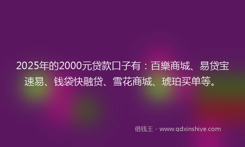 2025年的2000元贷款口子有：百樂商城、易贷宝速易、钱袋快融贷、雪花商城、琥珀买单等。