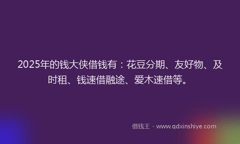 2025年的钱大侠借钱有：花豆分期、友好物、及时租、钱速借融途、爱木速借等。