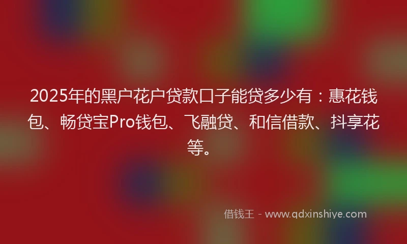 2025年的黑户花户贷款口子能贷多少有：惠花钱包、畅贷宝Pro钱包、飞融贷、和信借款、抖享花等。