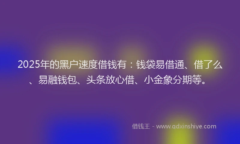 2025年的黑户速度借钱有：钱袋易借通、借了么、易融钱包、头条放心借、小金象分期等。