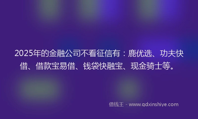 2025年的金融公司不看征信有：鹿优选、功夫快借、借款宝易借、钱袋快融宝、现金骑士等。