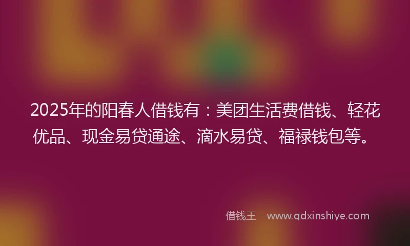 2025年的阳春人借钱有：美团生活费借钱、轻花优品、现金易贷通途、滴水易贷、福禄钱包等。
