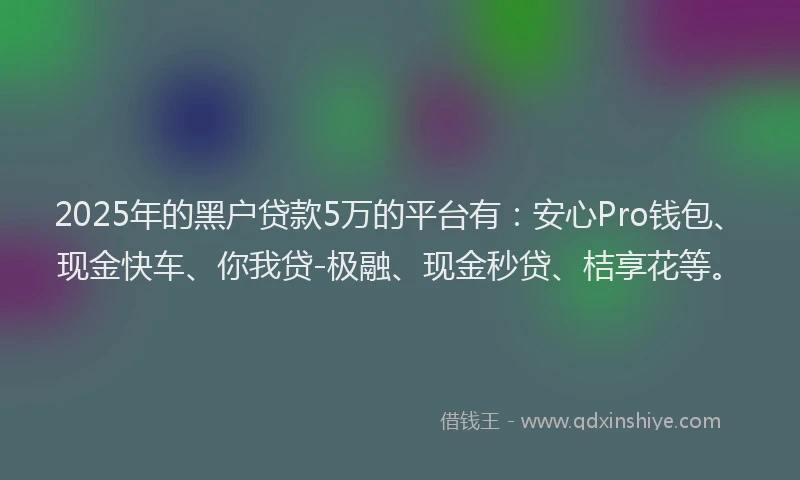 2025年的黑户贷款5万的平台有：安心Pro钱包、现金快车、你我贷-极融、现金秒贷、桔享花等。