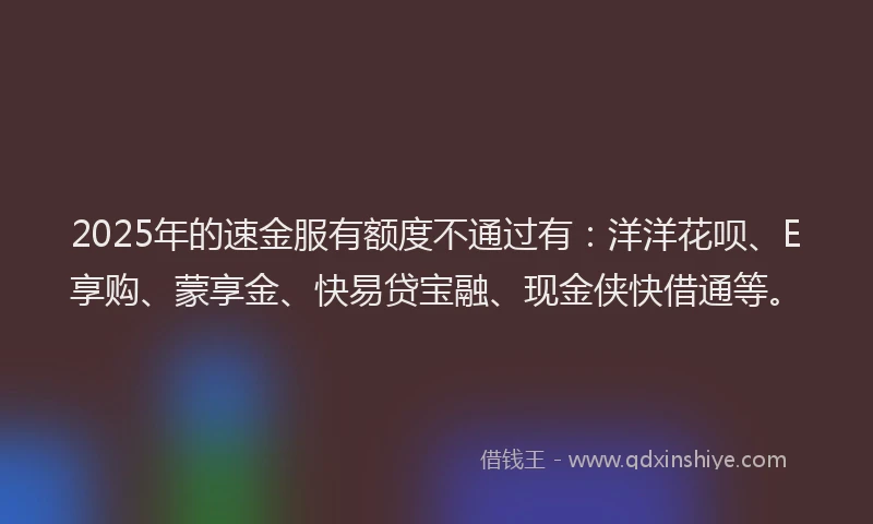 2025年的速金服有额度不通过有：洋洋花呗、E享购、蒙享金、快易贷宝融、现金侠快借通等。