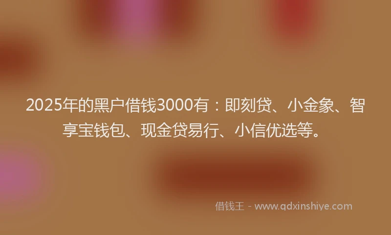 2025年的黑户借钱3000有：即刻贷、小金象、智享宝钱包、现金贷易行、小信优选等。