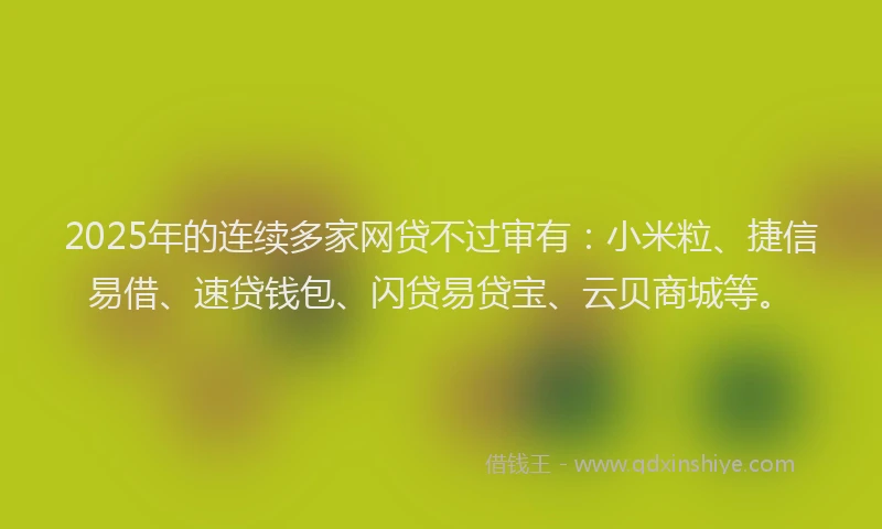 2025年的连续多家网贷不过审有：小米粒、捷信易借、速贷钱包、闪贷易贷宝、云贝商城等。