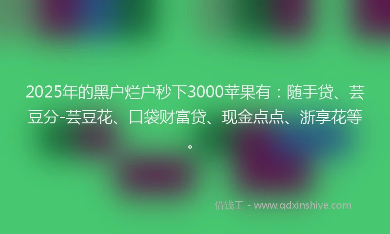2025年的黑户烂户秒下3000苹果有：随手贷、芸豆分-芸豆花、口袋财富贷、现金点点、浙享花等。