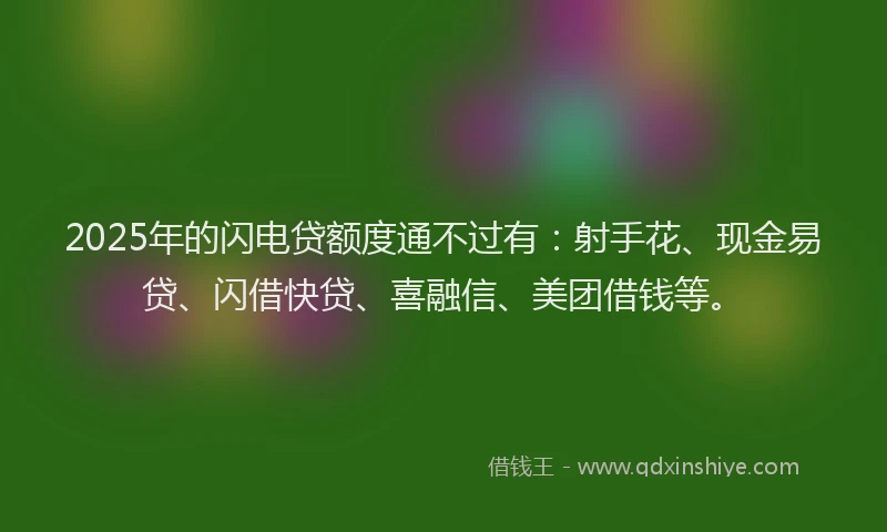 2025年的闪电贷额度通不过有：射手花、现金易贷、闪借快贷、喜融信、美团借钱等。