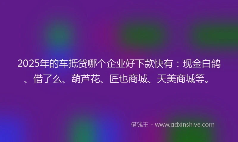 2025年的车抵贷哪个企业好下款快有：现金白鸽、借了么、葫芦花、匠也商城、天美商城等。