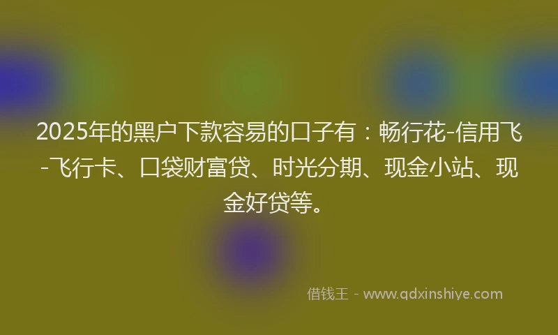 2025年的黑户下款容易的口子有：畅行花-信用飞-飞行卡、口袋财富贷、时光分期、现金小站、现金好贷等。