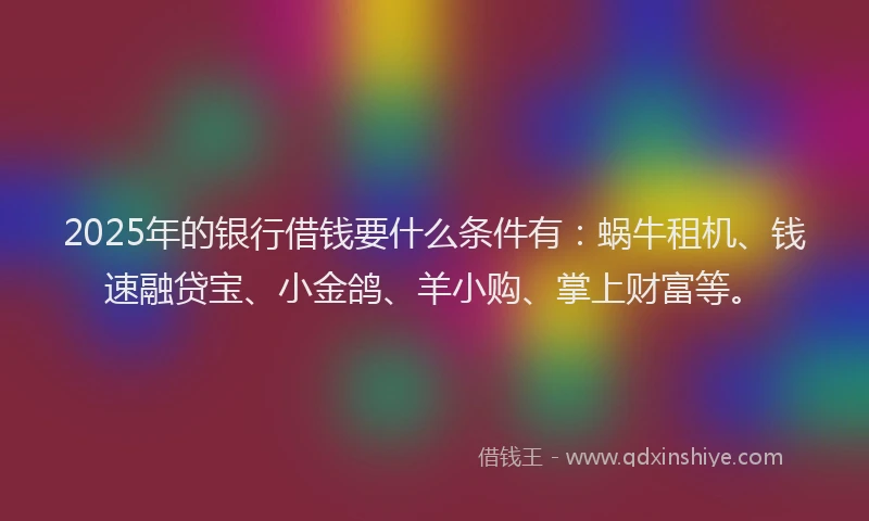 2025年的银行借钱要什么条件有：蜗牛租机、钱速融贷宝、小金鸽、羊小购、掌上财富等。