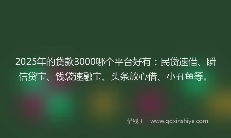 2025年的贷款3000哪个平台好有：民贷速借、瞬信贷宝、钱袋速融宝、头条放心借、小丑鱼等。