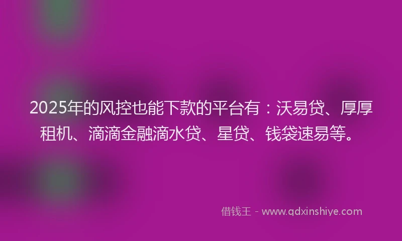 2025年的风控也能下款的平台有：沃易贷、厚厚租机、滴滴金融滴水贷、星贷、钱袋速易等。
