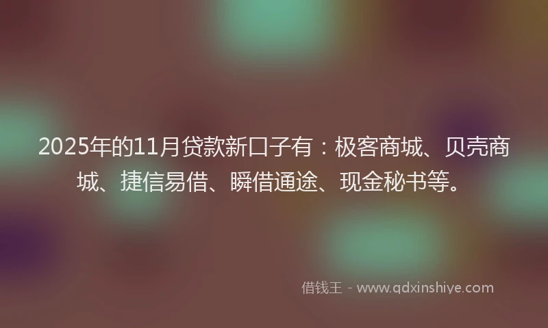 2025年的11月贷款新口子有：极客商城、贝壳商城、捷信易借、瞬借通途、现金秘书等。